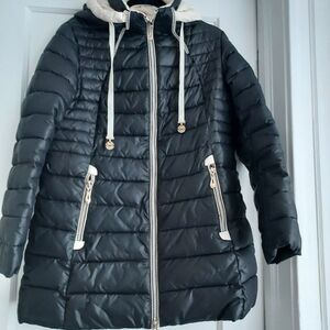 Women's Black Puffer Jacket with Cream Hood